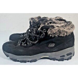 SKECHERS Winter Snow Boot Women 7.5 Brown Leather Faux Fur Lined Lace Up